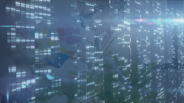 Animation of glowing lights over talking business people