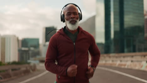 senior, fitness and black man running in a city