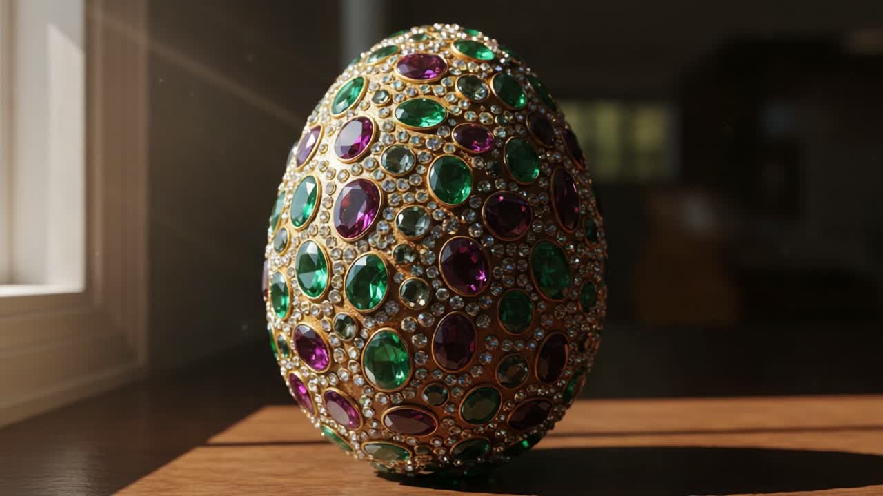 A Stunning Ornate Egg Adorned with Colorful Jewels: A Captivating Display of Artistic Elegance and Craftsmanship Captured in Radiant Lighting