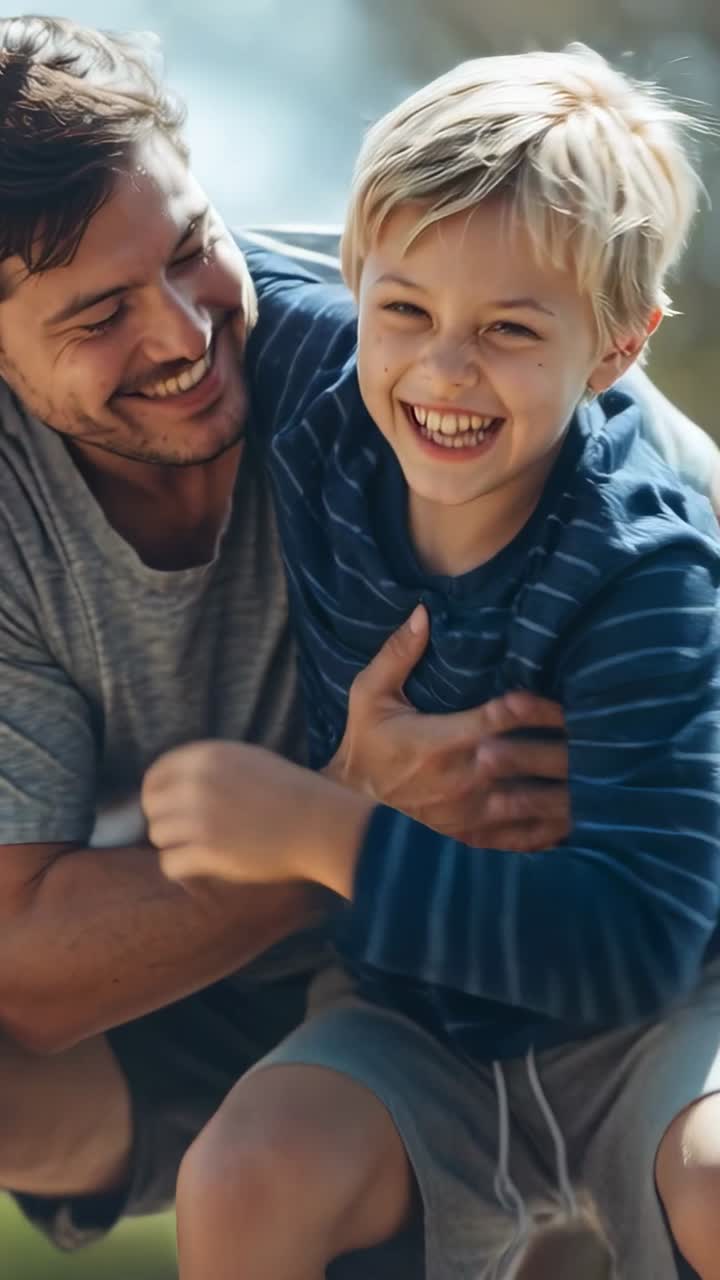 Video verticale: papà che con la mano inizia a solleticare e sollevare il bambino al parco, giocano, maglietta a righe.