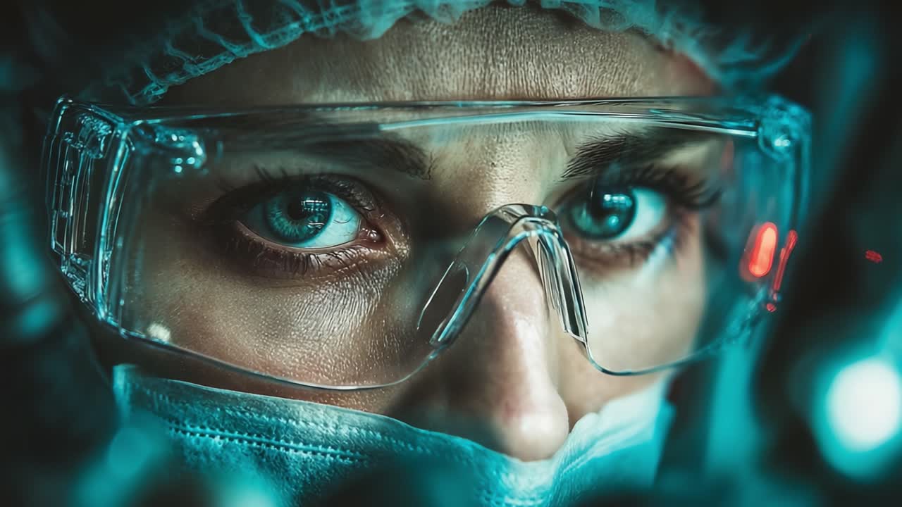Um Retrato em Close-up de um Indivíduo Usando Óculos de Proteção e Máscara, Enfatizando Foco Intenso e Determinação em um Ambiente de Alta Tecnologia, Demonstrando Precisão e Cuidado