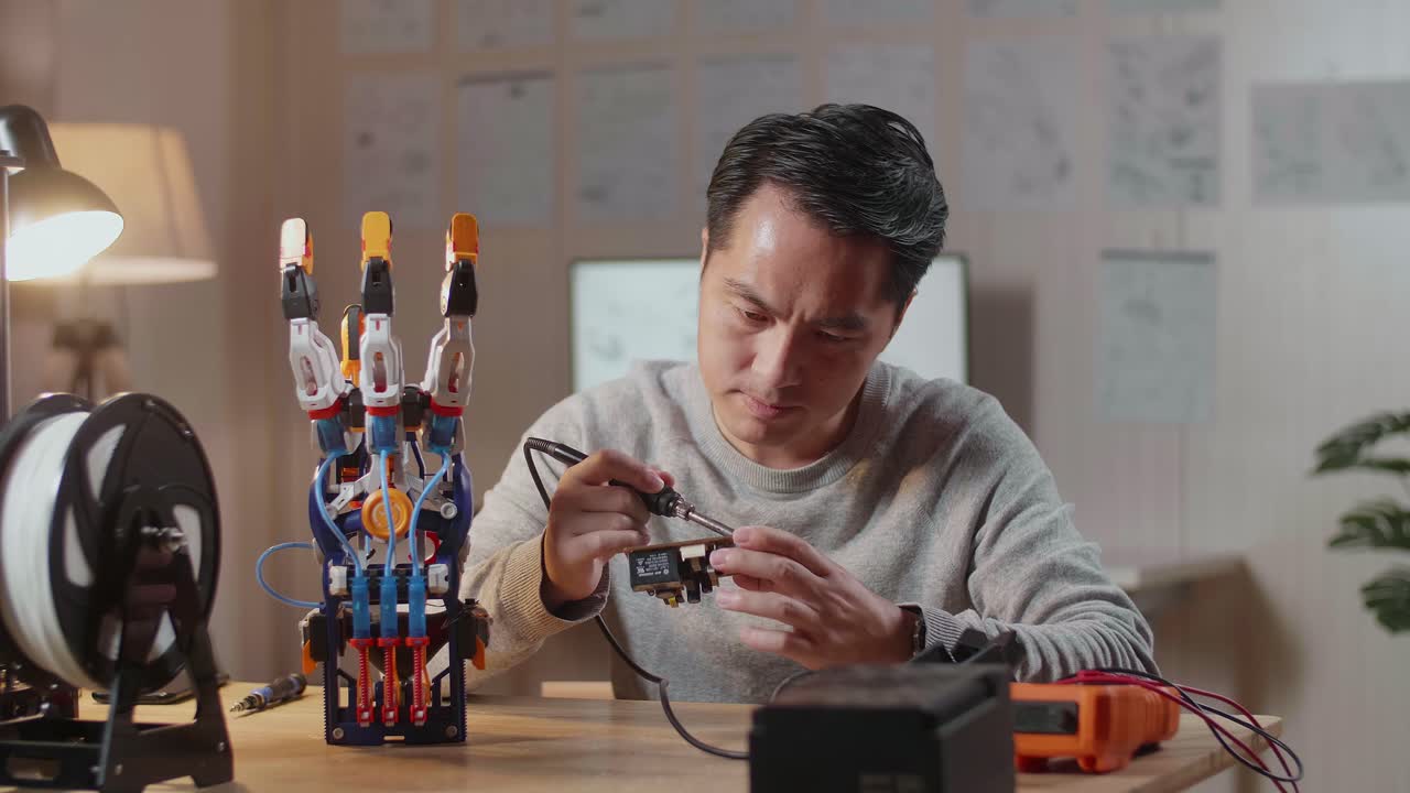 hombre trabaja en una mano robótica