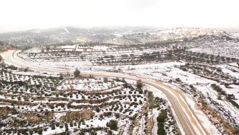 snowy mountain road and farmland landscape