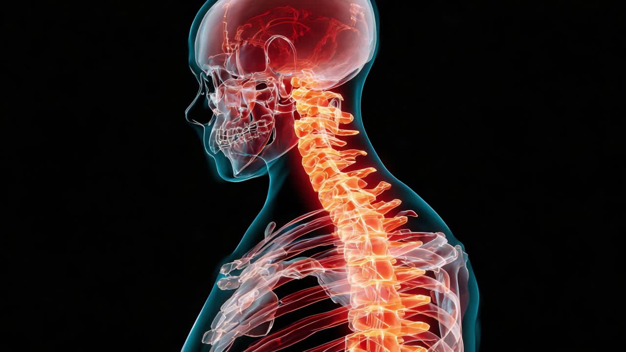 Visualizzazione dettagliata dell'anatomia umana con la colonna vertebrale, il cranio e il sistema nervoso in uno stile ad alto contrasto, semi-trasparente e con colori vivaci
