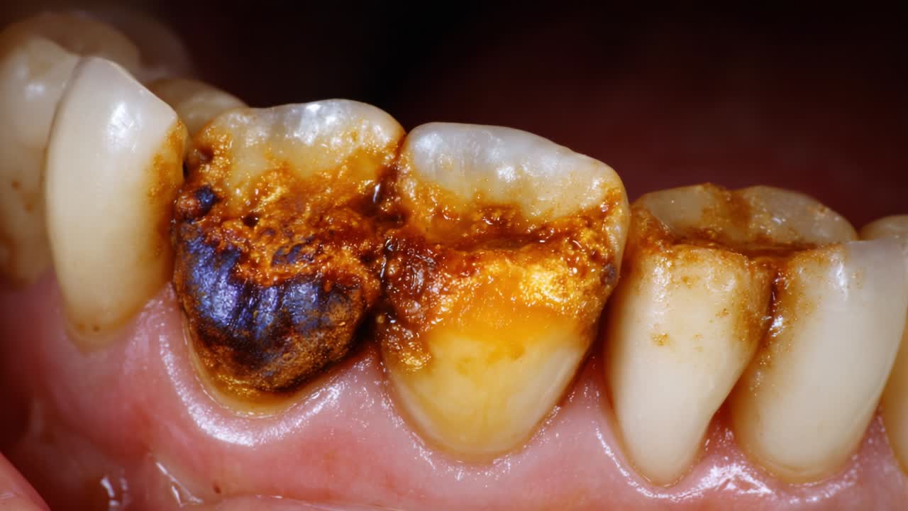 Close-Up Examination of Severely Decayed Teeth Showing Extensive Cavity Formation and Impact of Treatment with Dental Filling Material Highlighted in Before and After Visuals