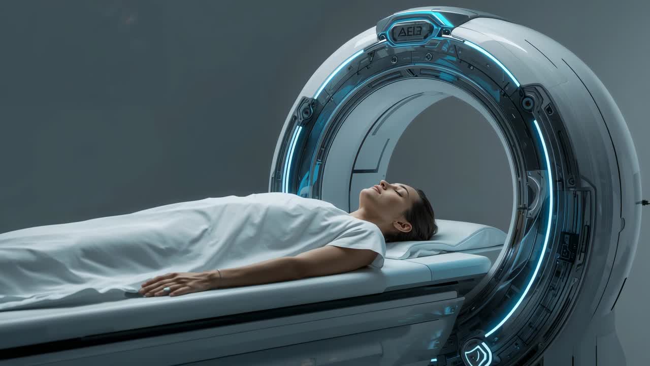 Avvio della scansione, lettino del paziente che sposta la paziente all'interno del portale dello scanner nella sala di imaging, cuscino, camice bianco