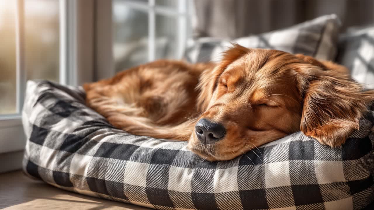 A Peaceful Golden Retriever Enjoying a Cozy Nap on a Stylish Dog Bed Near the Window, Bathed in Soft Natural Light