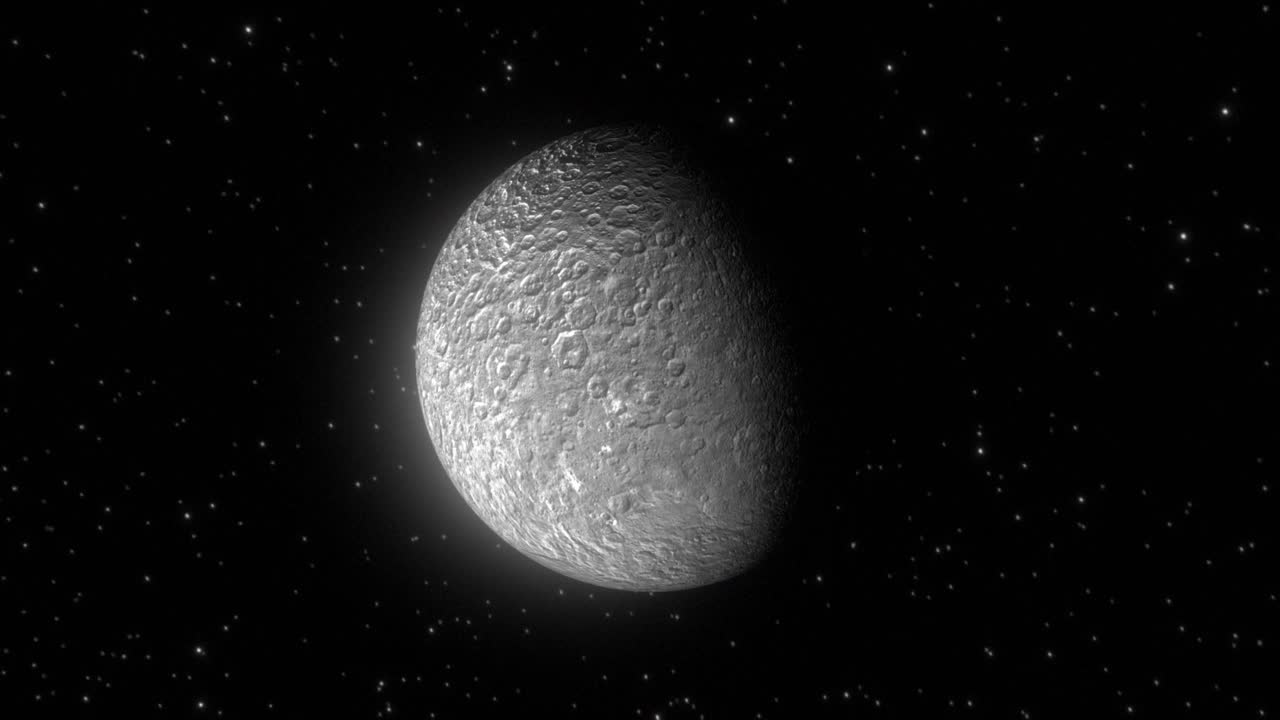 고품질과 매우 상세한 cgi 렌더링은 깊은 우주에서 난쟁이 행성 ceres의 느리게 상승하는 접근 입니다.