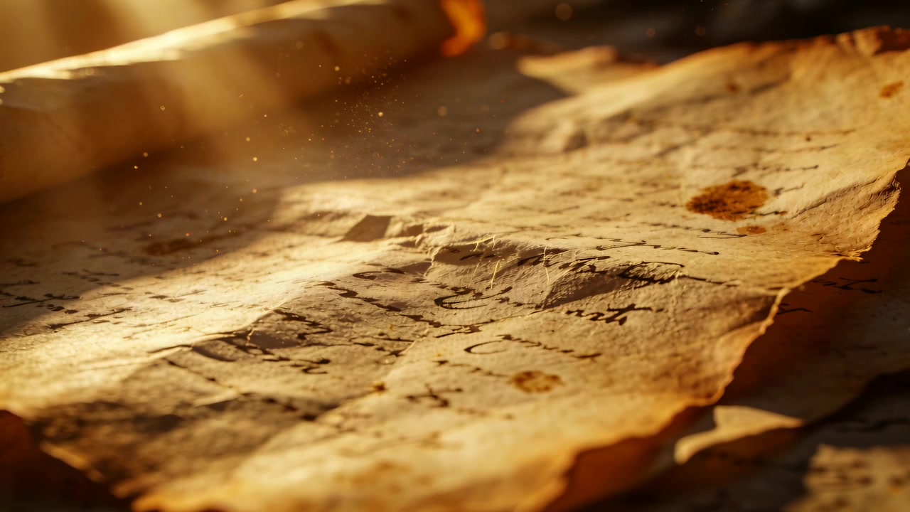 Luce angolata che fa sì che un foglio di pergamena invecchiato riveli una scrittura corsiva, una macchia circolare e granelli di polvere sulla scrivania