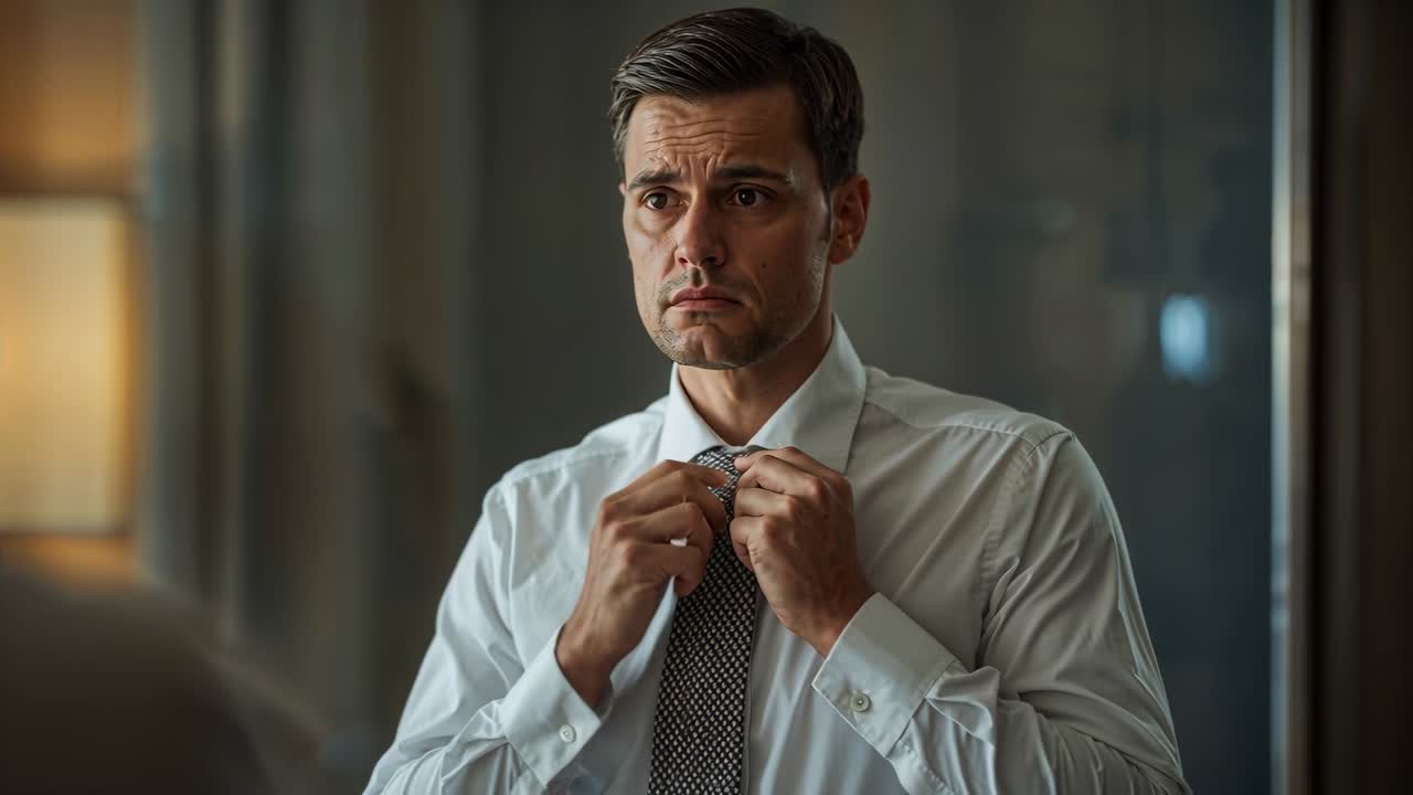 Uomo in camicia bianca che si sistema la cravatta a fantasia davanti allo specchio illuminato della stanza, preparandosi per un incontro.