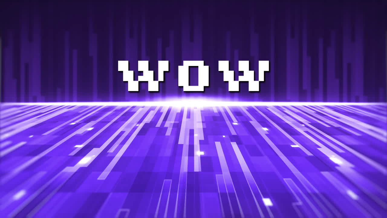 Animation of vintage video game screen with pixelated word wow written