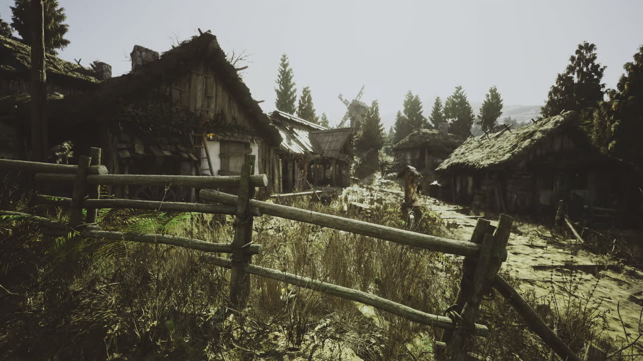 Village setting with rustic homes and lush greenery during the day