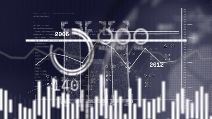 Animation of financial data processing over dark background