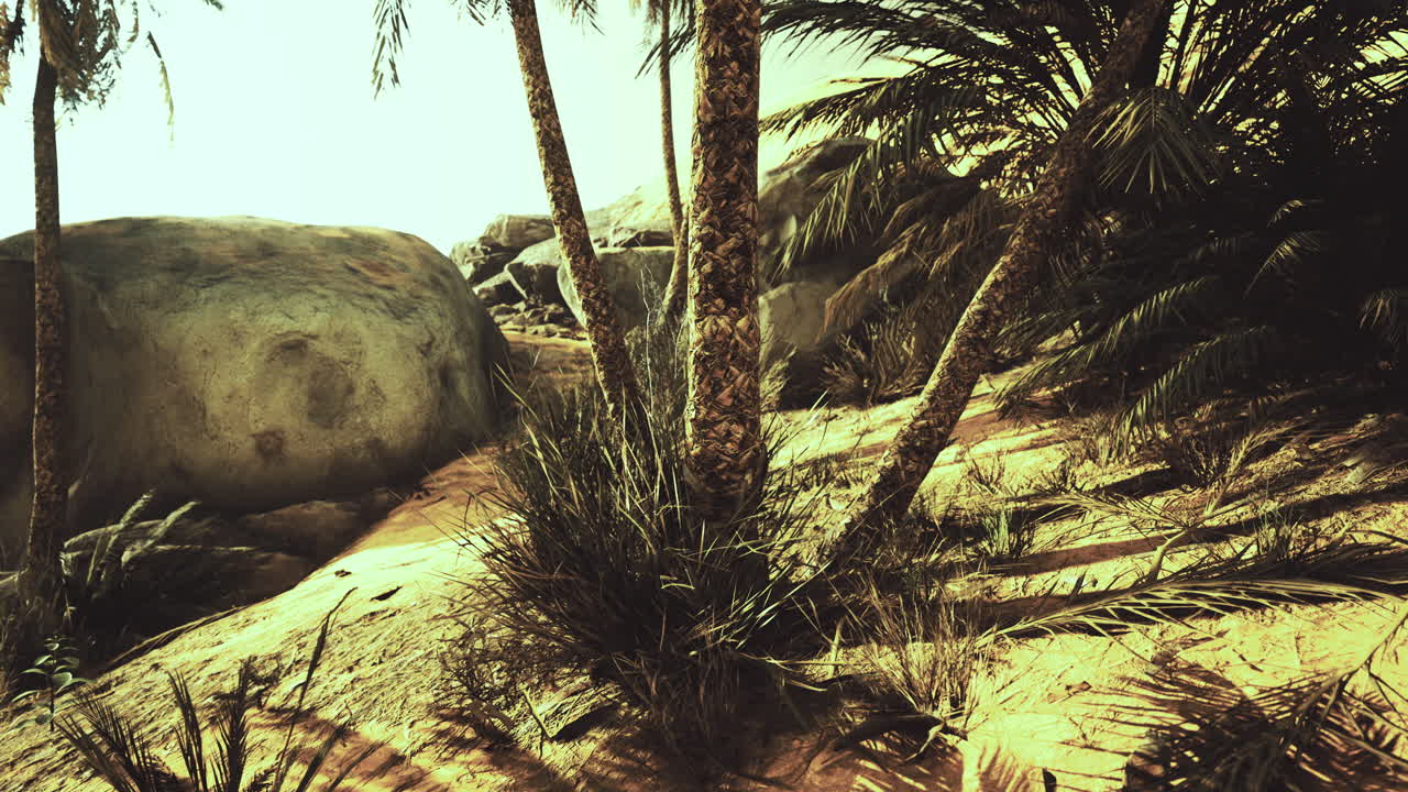 Sunlit sandy path through tropical vegetation surrounded by rugged rocks