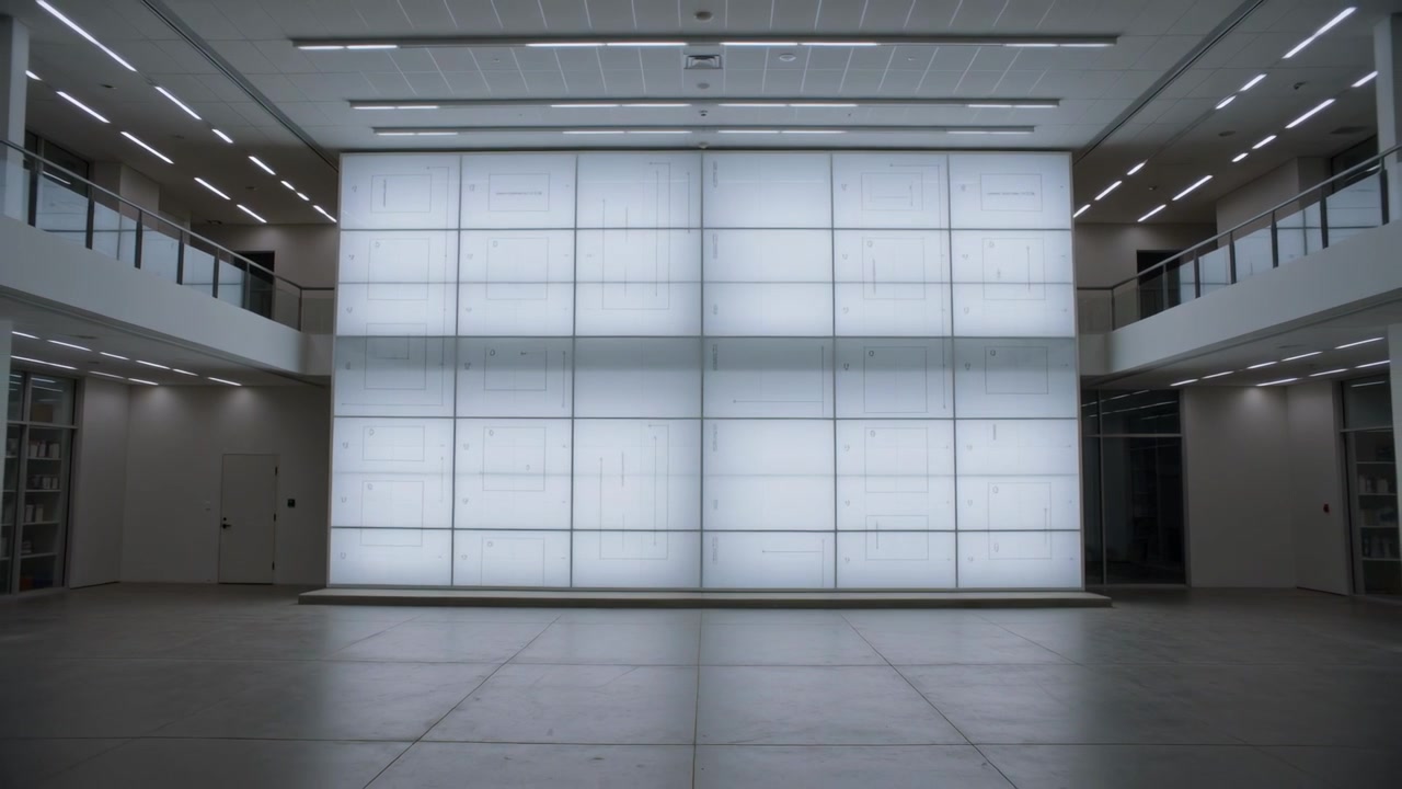 Leuchtende, große, beleuchtete Paneelwand dominiert Atrium und erhellt den Raum, Kamera zeichnet auf.