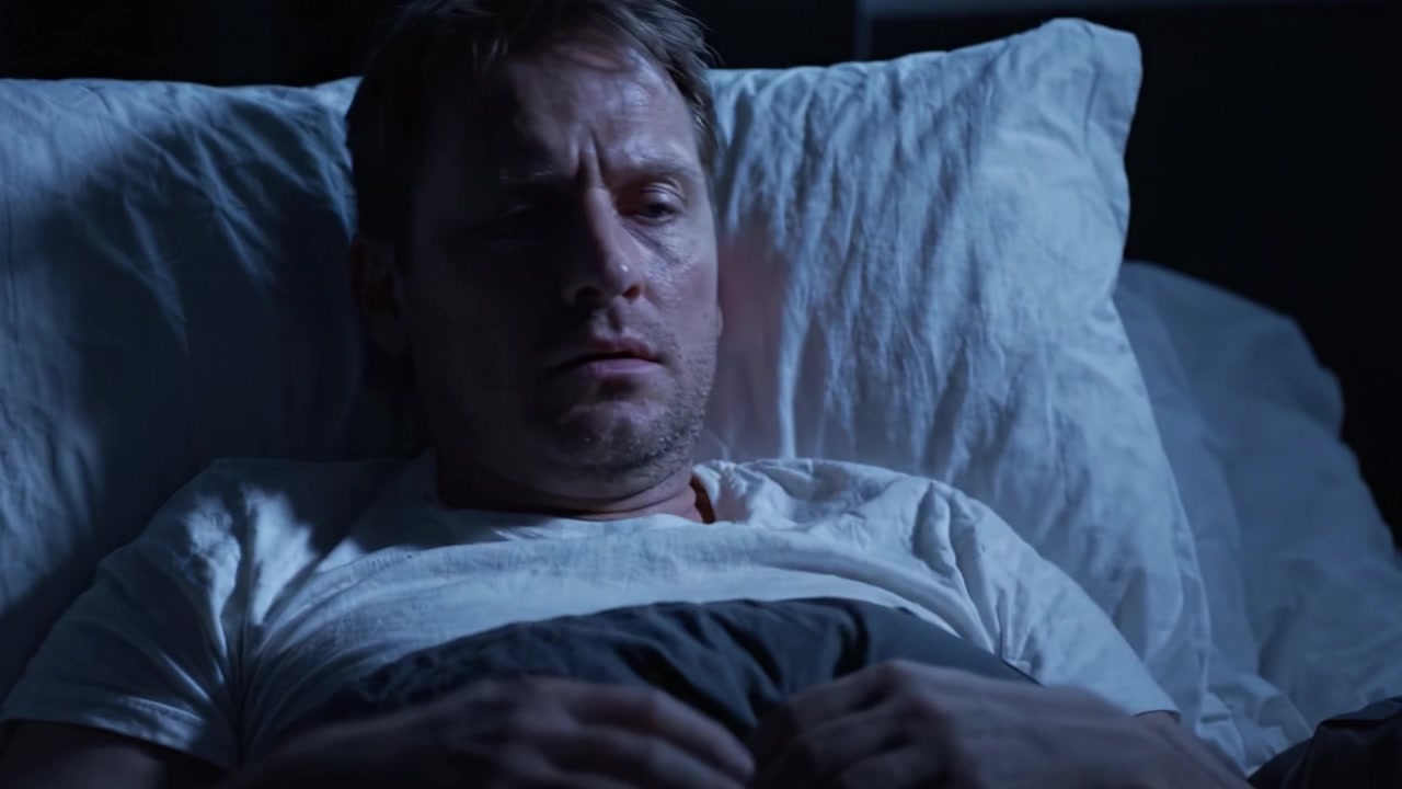 Un intenso despertar nocturno: La lucha de un hombre con pensamientos y emociones mientras yace despierto en la cama bajo una iluminación tenue.
