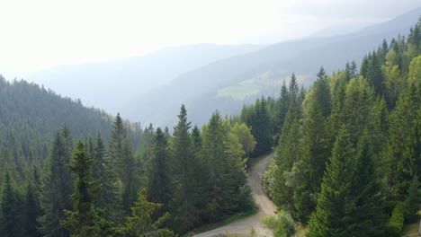 Vista-Aérea-De-La-Carretera-Rural-Que-Atraviesa-El-Bosque-Verde-Y-La-Montaña