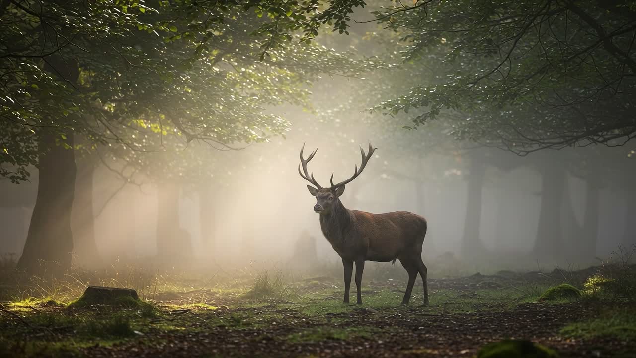 Majestic Stag in Enchanted Forest: A Captivating Journey Through Misty Woods as the Sunlight Breaks Through the Canopy, Highlighting the Beauty of Nature