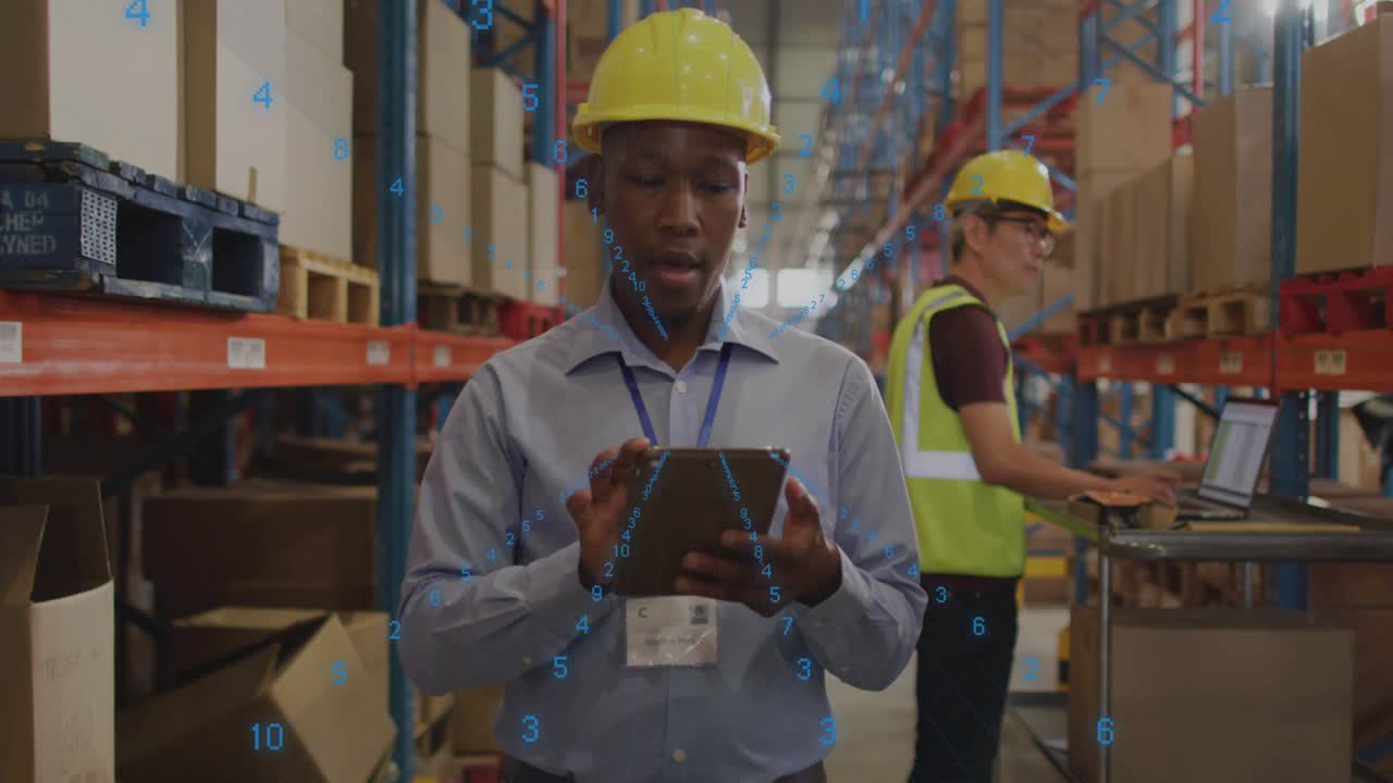 Warehouse lead checking racks tapping tablet and starting AR for stock while tech checking laptop