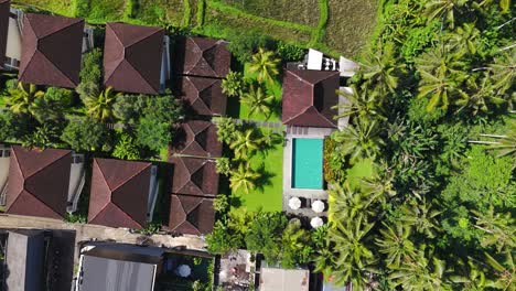 bird’s-eye parallax drone sweep reveals a secluded ubud jungle retreat: modern villas, turquoise pool, coconut palms and tiered rice terraces nestled in tropical bali