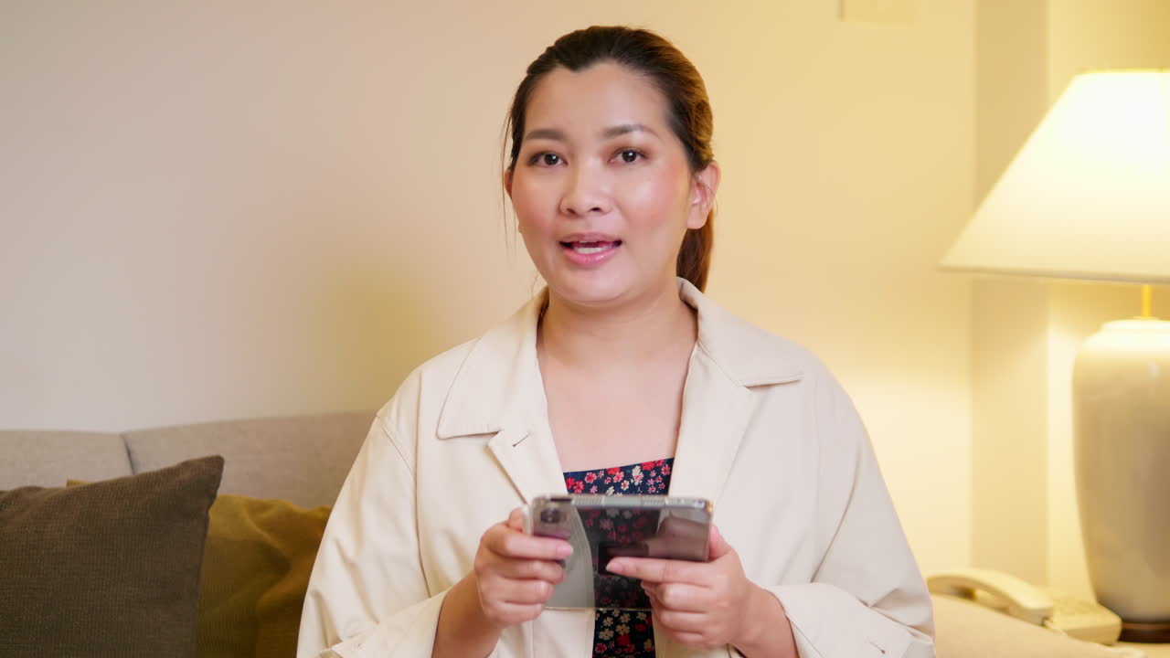 젊은 성인 여성이 평상복을 입고 방에서 말하는 비디오 온라인 커뮤니케이션을 설명하고 인터뷰합니다.