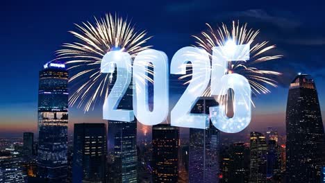 ¡feliz año nuevo 2025! fuegos artificiales sobre el horizonte de la ciudad