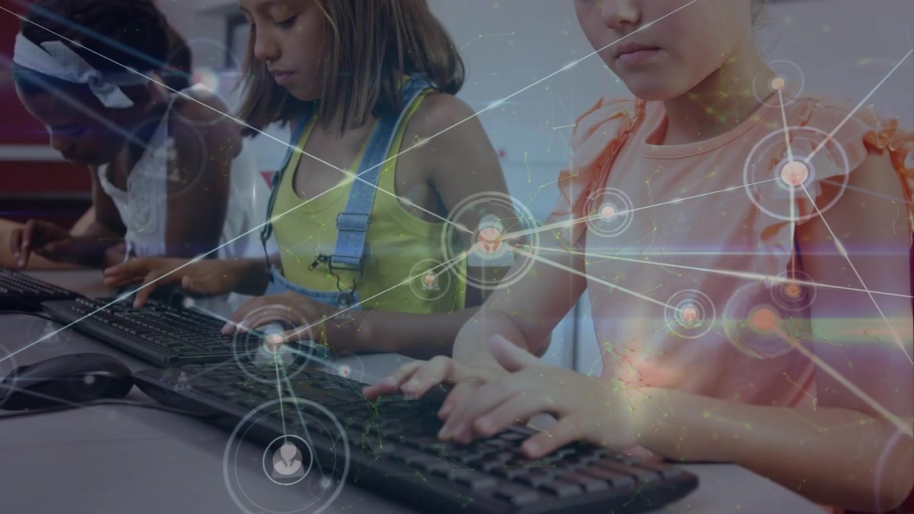 Animation of network of connections over diverse girls using computers at school