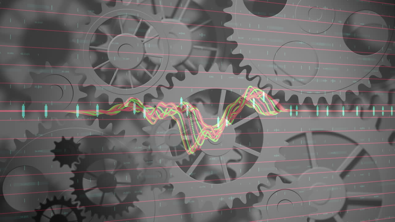 animación de gráficos y flechas sobre engranajes giratorios