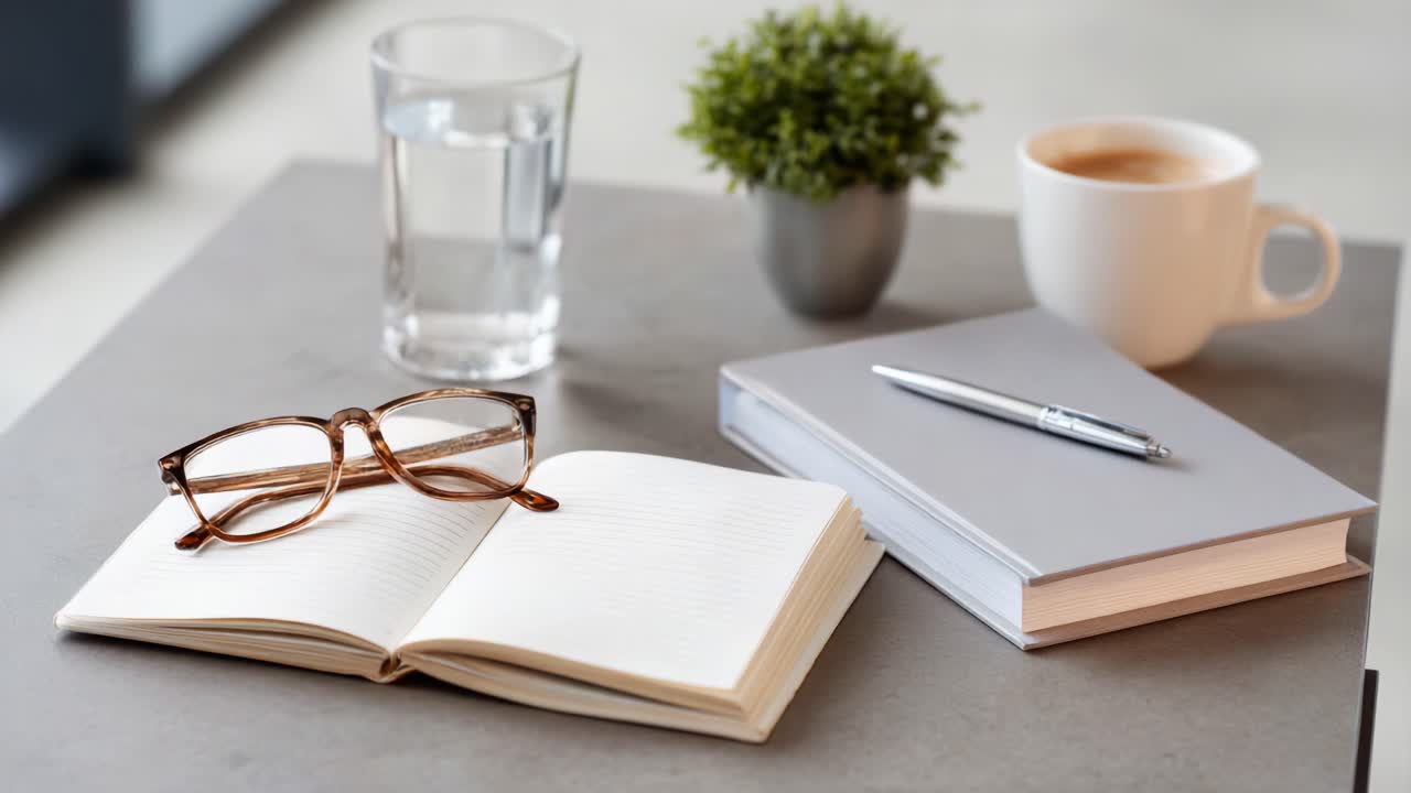 A serene workspace featuring a notebook, glasses, water, coffee, and a small plant inviting creativity, productivity, and organization in a cozy environment