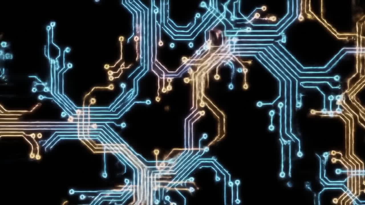 A detailed view showcases intricate electronic circuits highlighted in blue and orange. The design emphasizes technology and connectivity against a dark background, illustrating modern innovations.