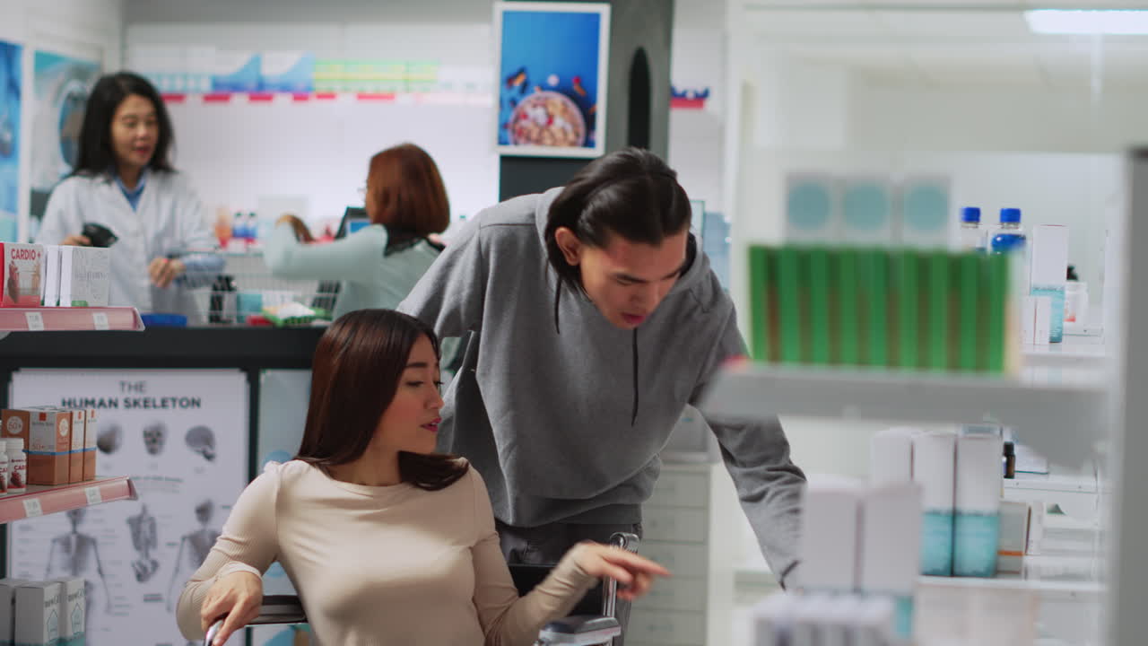 Couple shopping for medicine in pharmacy, woman in wheelchair