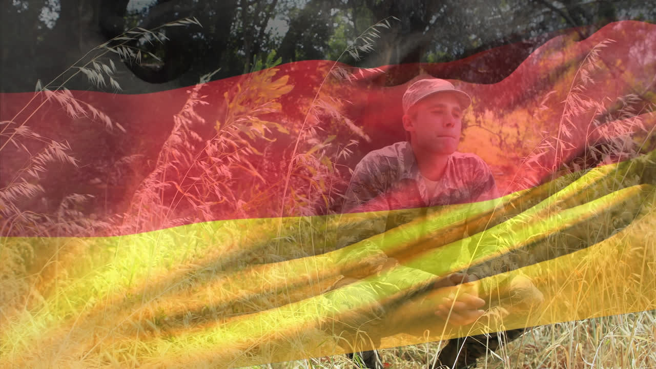 animação da bandeira da alemanha sobre soldado caucasiano