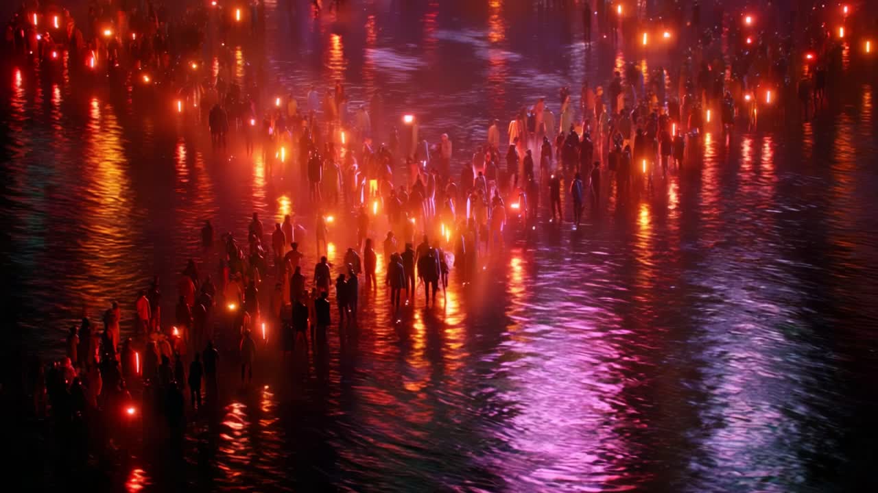 A mesmerizing spectacle of illuminated figures wading through water, surrounded by radiant colors reflecting off the surface, evoking a sense of mystery and celebration as thousands gather in unison