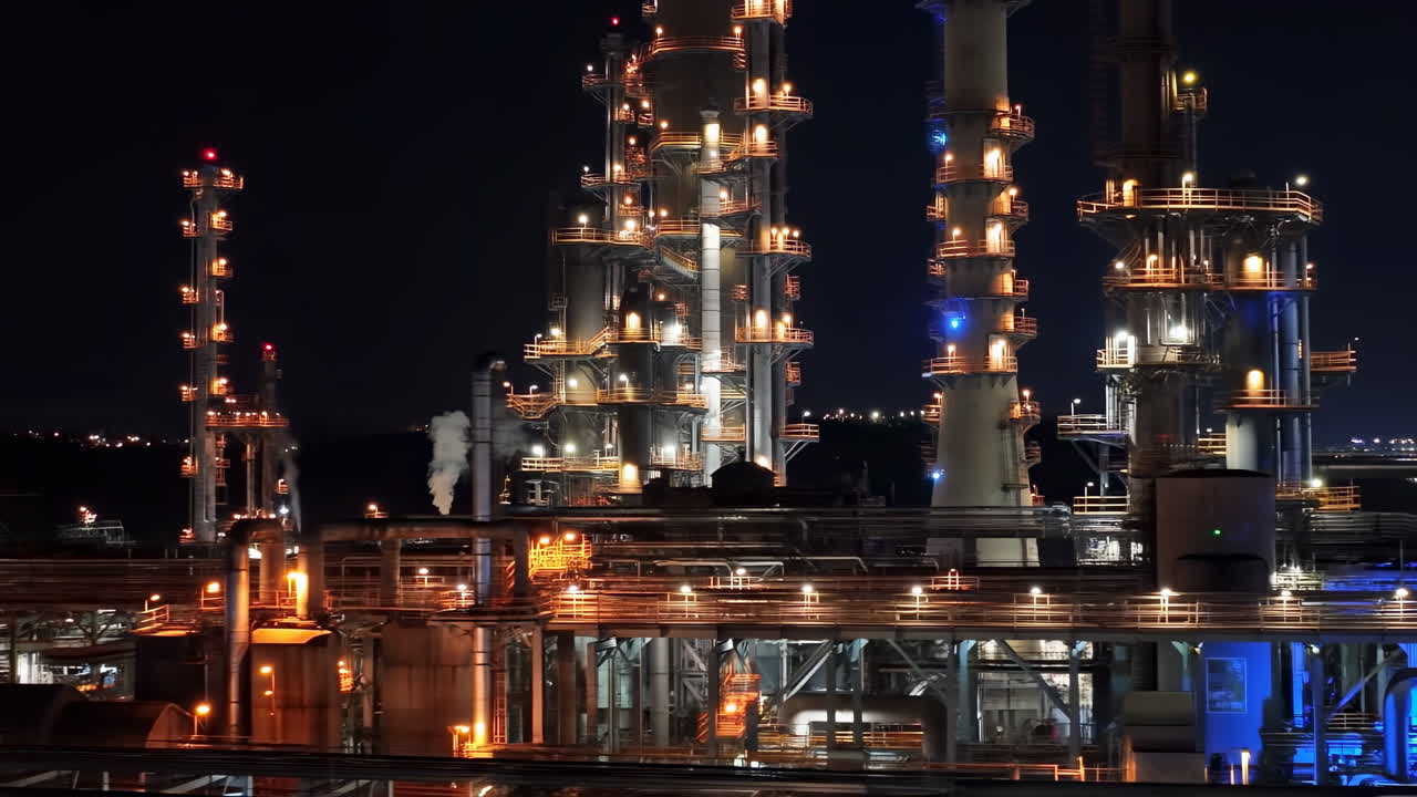Industrial Oil Refinery Plant Illuminated at Night with Emitting Steam