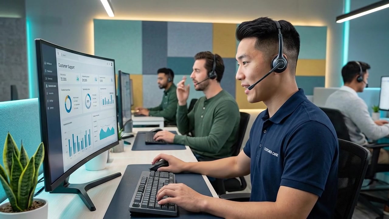 Customer Support Professional Wearing Headset While Working at Computer Desk