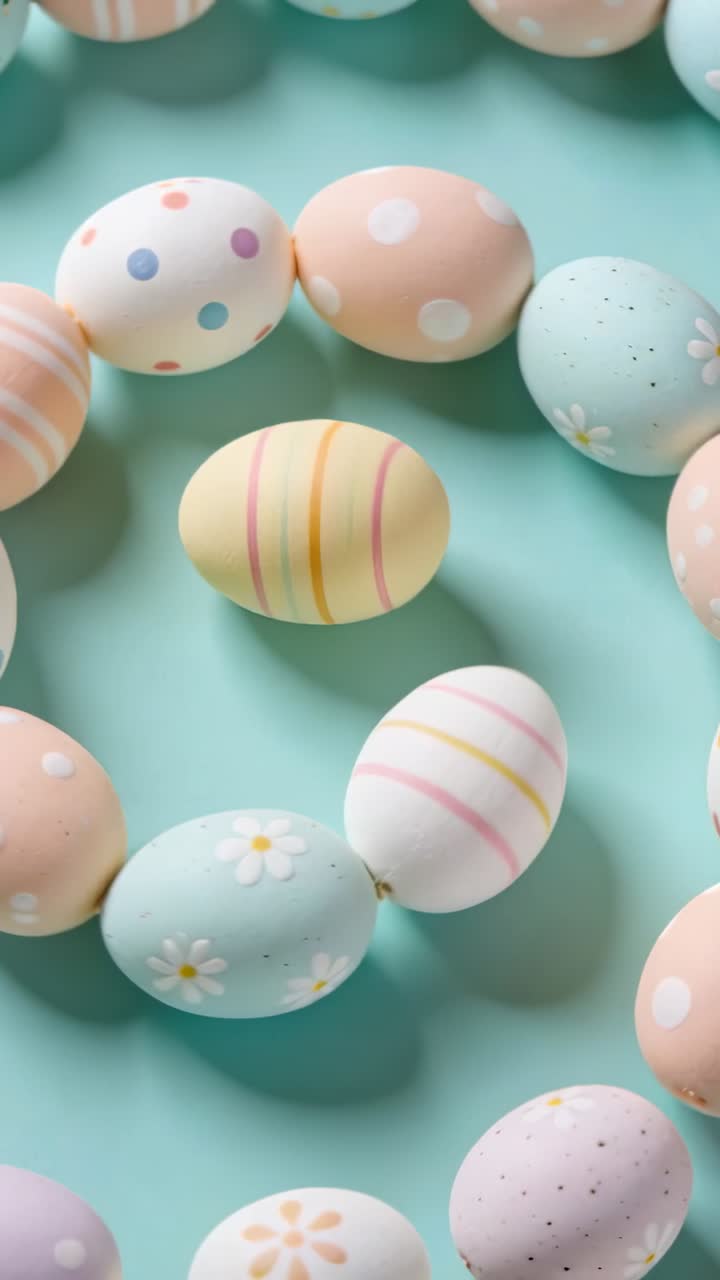 Ring of pastel eggs circling yellow-striped egg rotating from camera shift, sliding for marketing