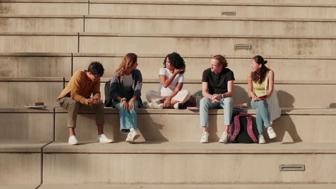 Happy guys and girls having fun talking around Barcelona street, zoom