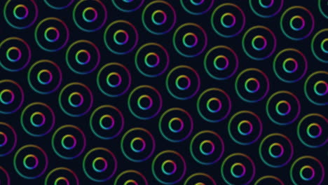 Digital cyberpunk neon pulse trace circles pattern in rows on black gradient