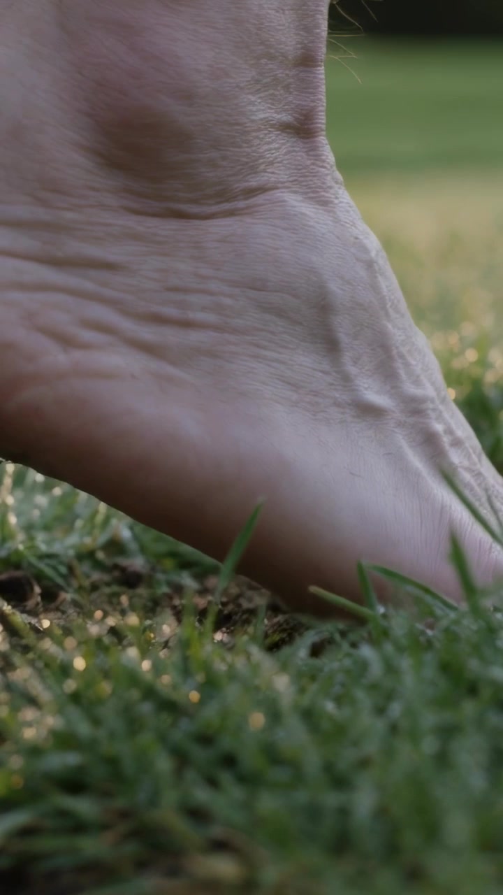 Vertical video: Lifting barefoot right foot, lowering onto grassy lawn, pressing dew to feel ground