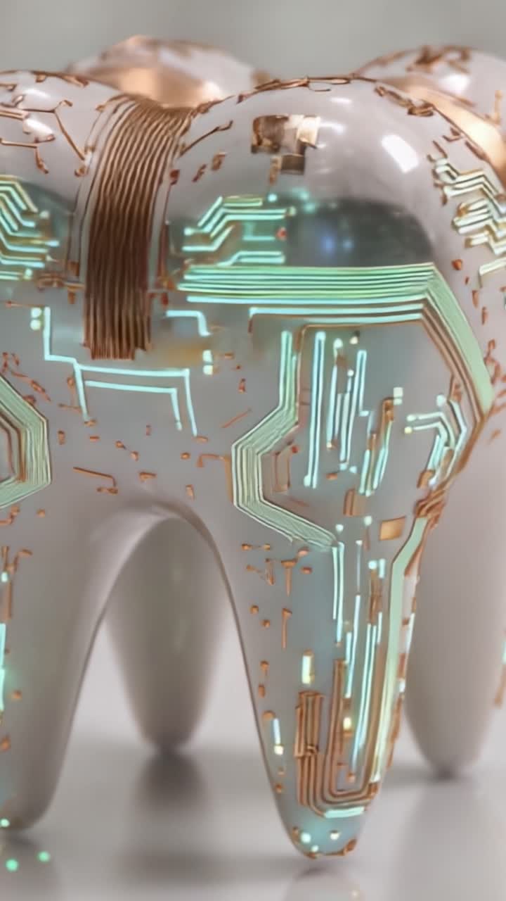 Design de Dente Futurista Apresentando Padrões de Circuito Intrincados e Acentos Luminosos, Fundindo Estética Dentária com Inovações Tecnológicas em uma Obra de Arte Única
