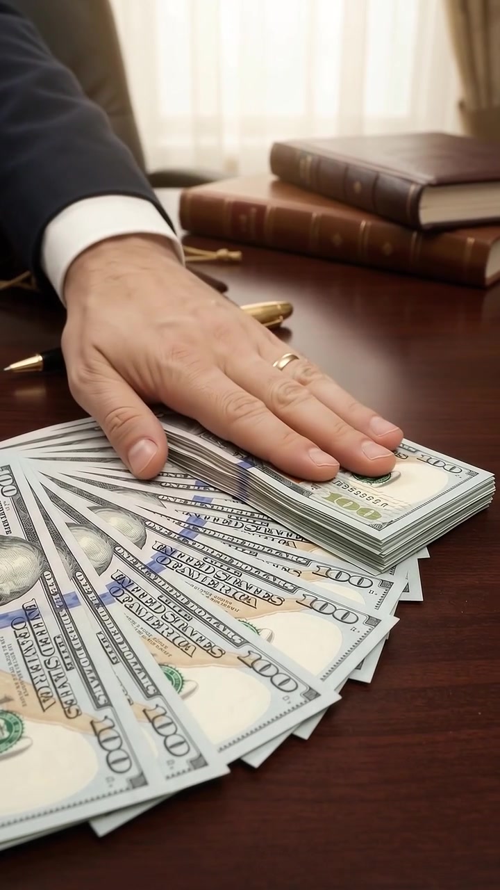 Empresário Contando e Organizando Cédulas de Dólar Americano em Mesa de Escritório