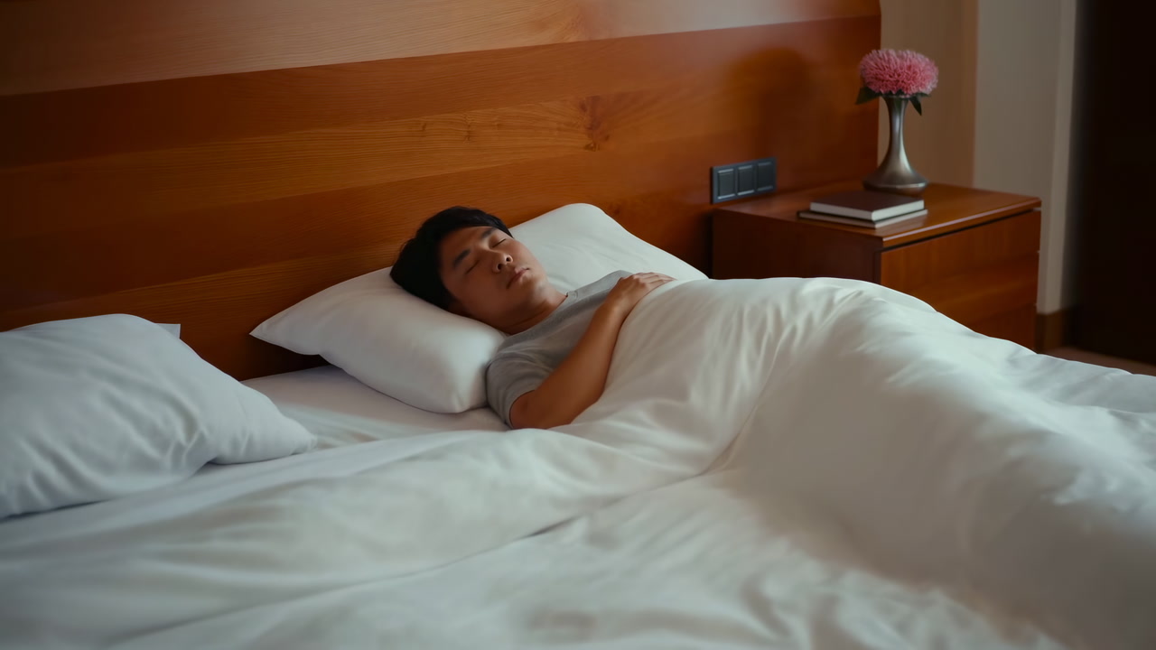 Asian Man Lying Awake In Hotel, Wooden Headboard And Table With Vase, White Bedding And Soft Morning Light,