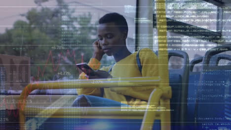 animación del procesamiento de datos financieros sobre una mujer afroamericana que usa un teléfono inteligente