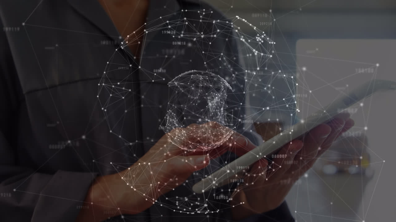 animación del globo y las conexiones sobre las manos del hombre caucásico usando la tableta