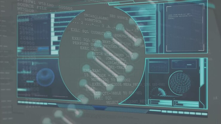 Animation of dna strand spinning and medical data processing on digital screens over binary coding