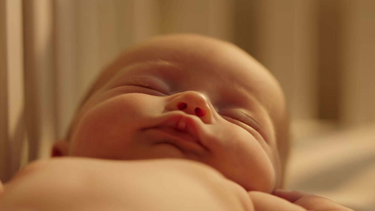 Nærbillede viser en sovende baby, der ligger stille med lukkede øjne og et roligt udtryk, mens varmt, blødt lys falder over ansigtet, og slørede tremmer fra tremmesengen indrammer baggrunden.