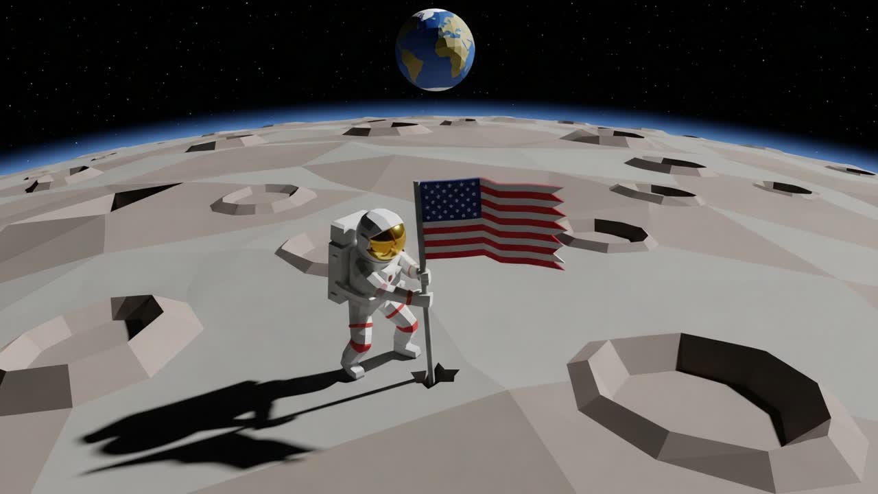 An astronaut proudly stands on the lunar surface, displaying the flag, with Earth visible in the background, symbolizing exploration and the pursuit of knowledge