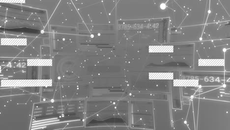 animation of interface with data processing and network of connections against grey background
