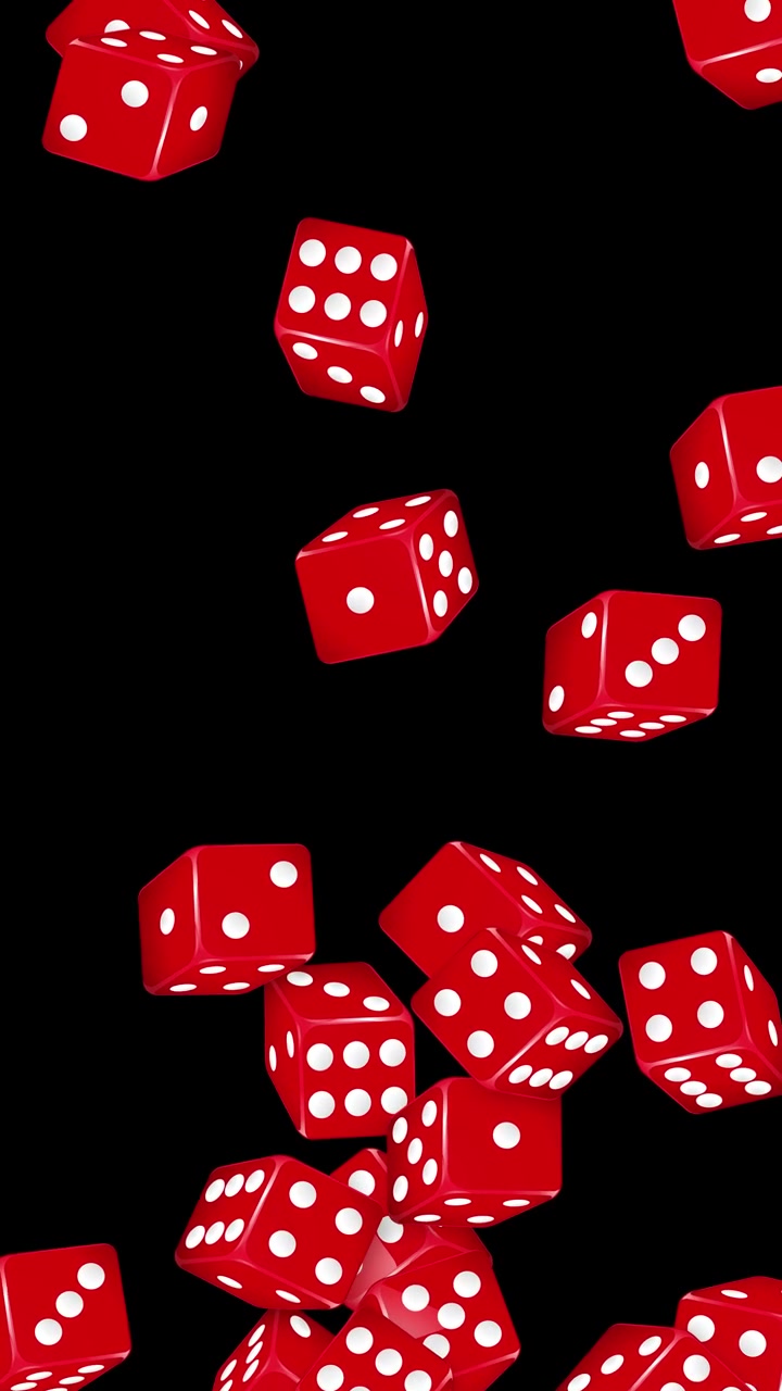 Dadi da gioco rossi che cadono verso il basso attraverso lo spazio nero in un ciclo continuo di movimento verticale.