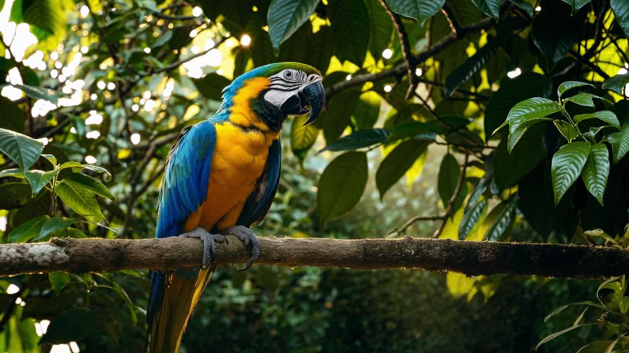 Vibrant parrot perched on a branch in a lush jungle setting, captured from a side angle